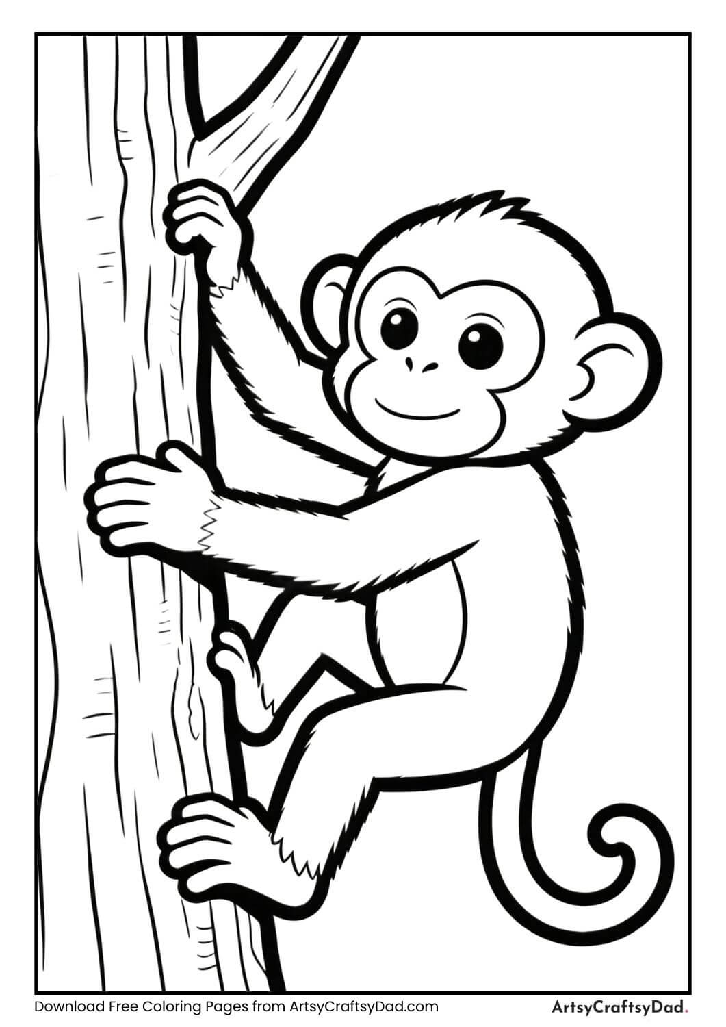 Monkey climbing tree black and white coloring page