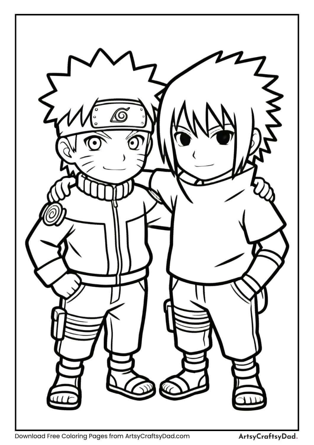 Naruto and Sasuke standing side by side, black and white coloring page