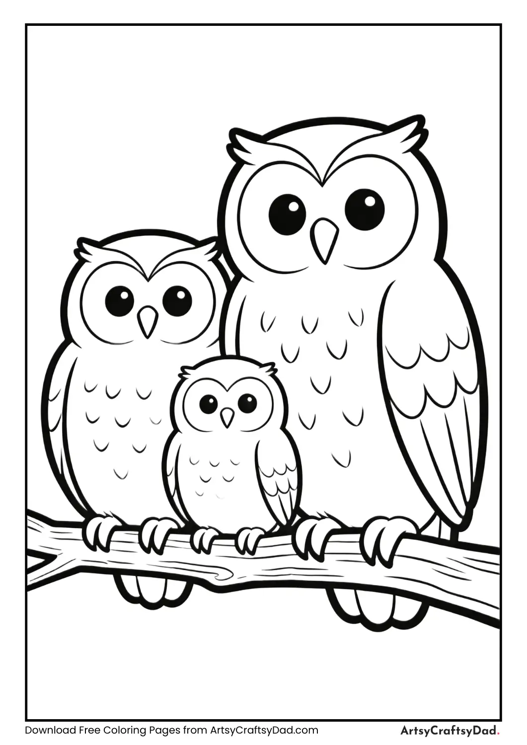 Owl family on tree branch black and white coloring page