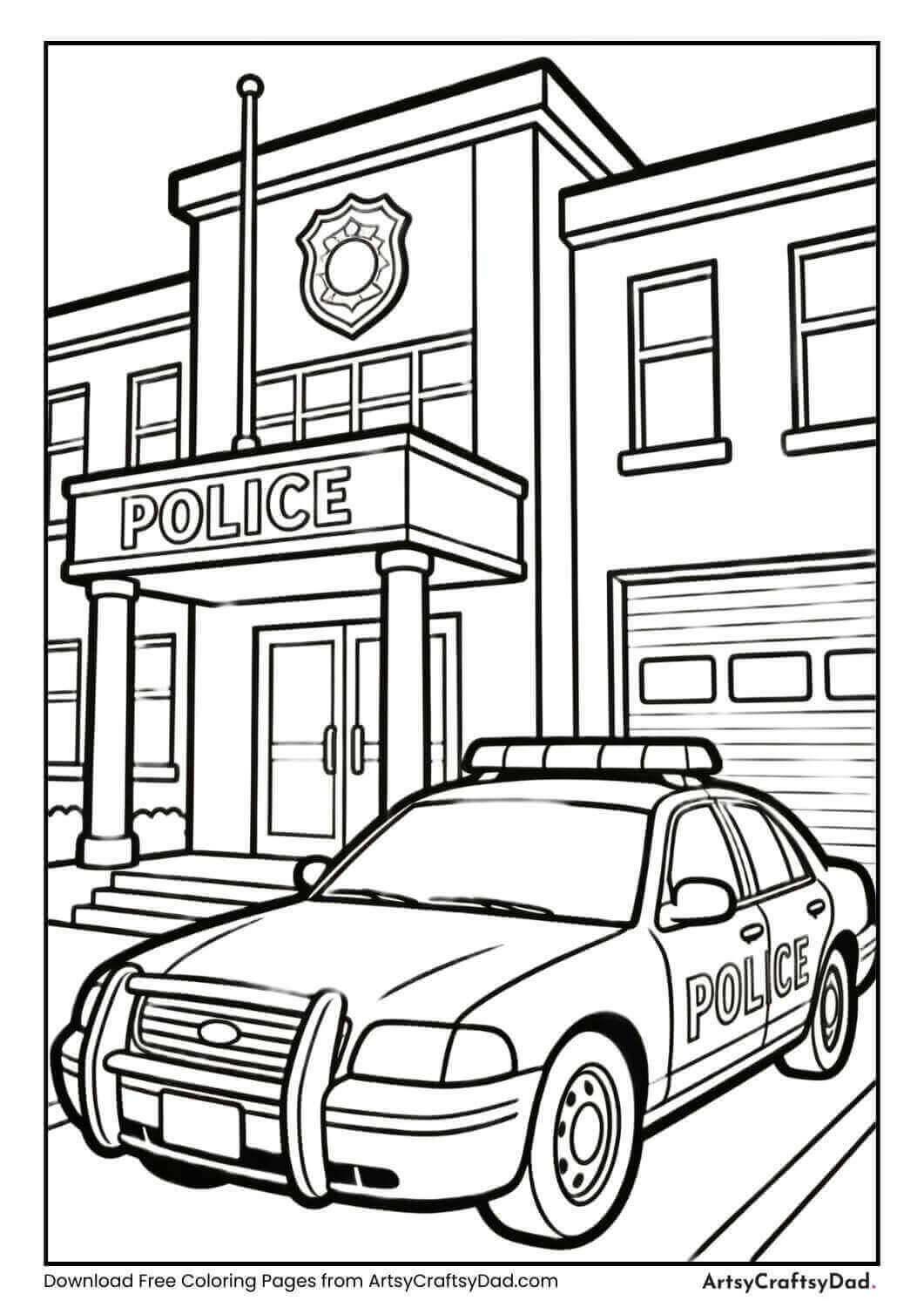Police car outside police station coloring page