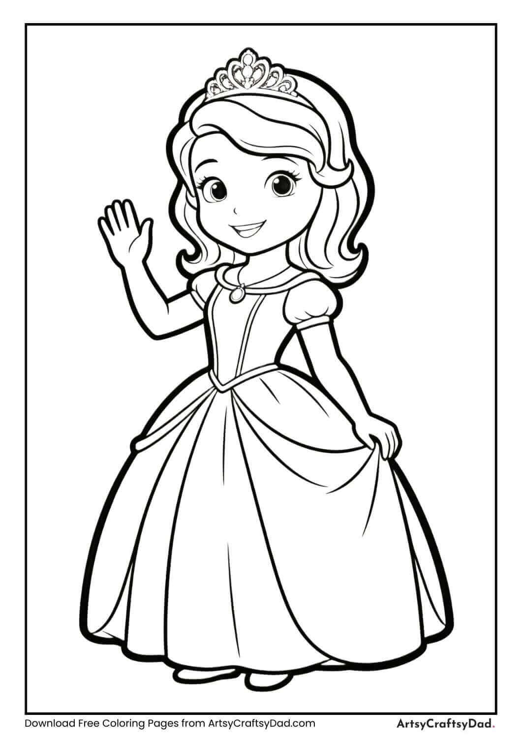 Princess waving with a crown coloring page