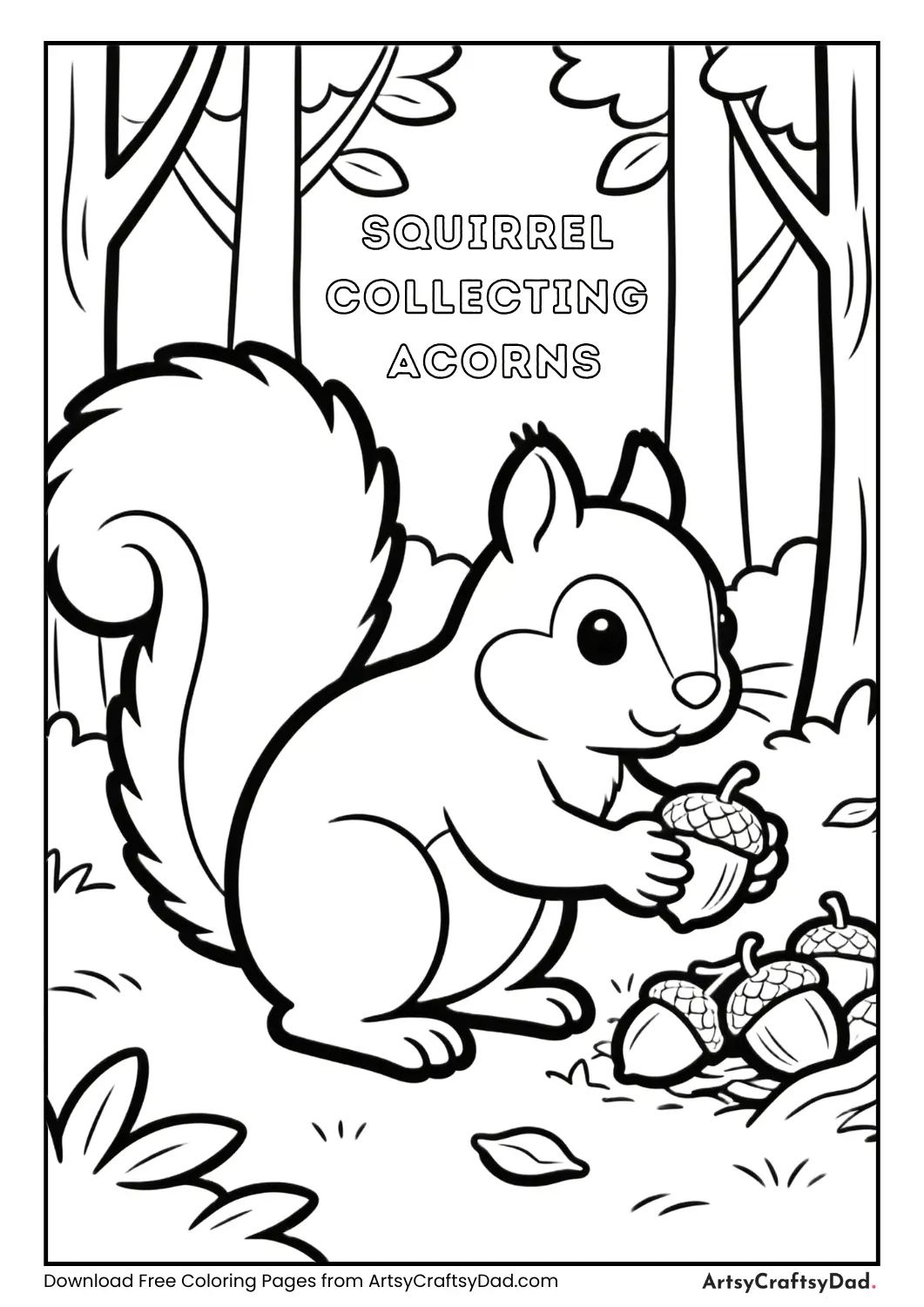 Black and white coloring page of a squirrel with acorns