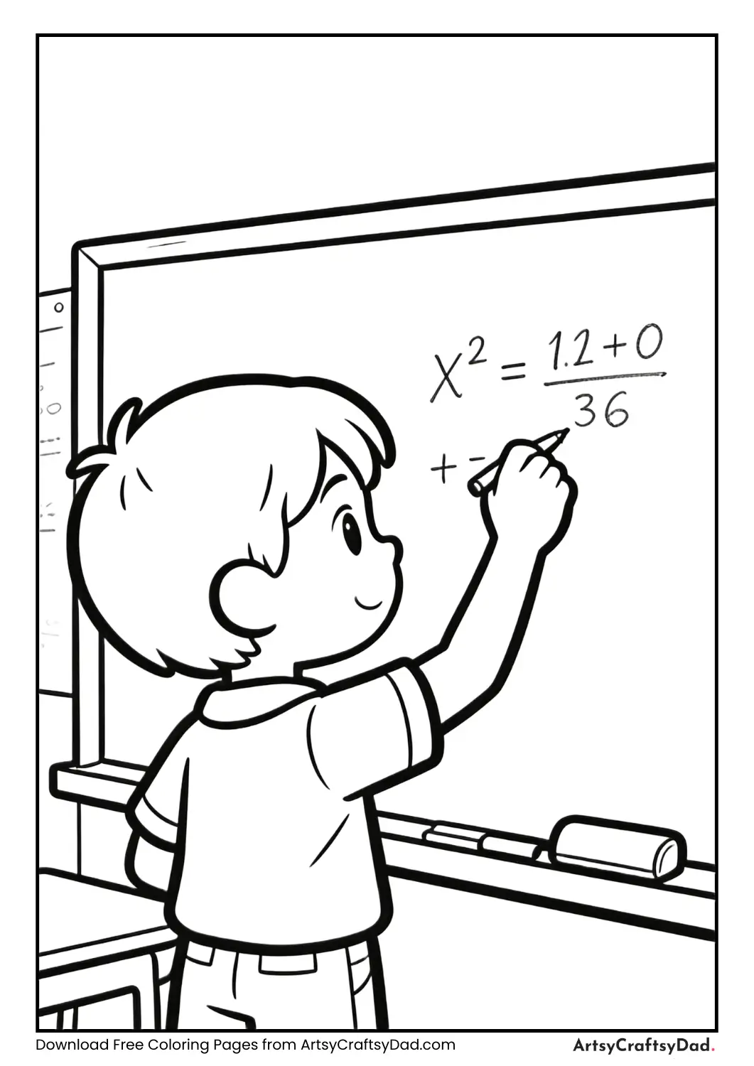 Student solving math on chalkboard coloring page