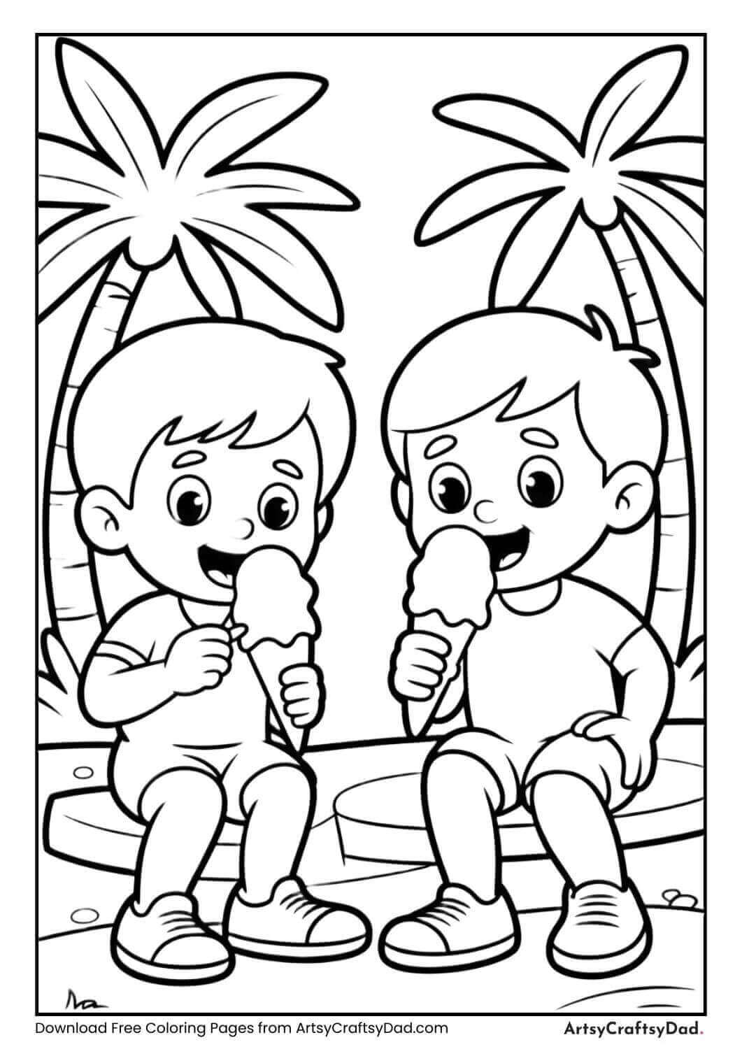 Children eating ice cream near palm trees.