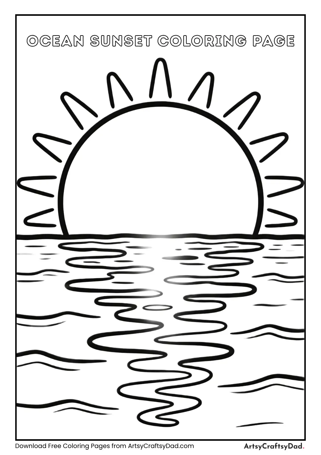 Sunset over ocean black and white coloring page