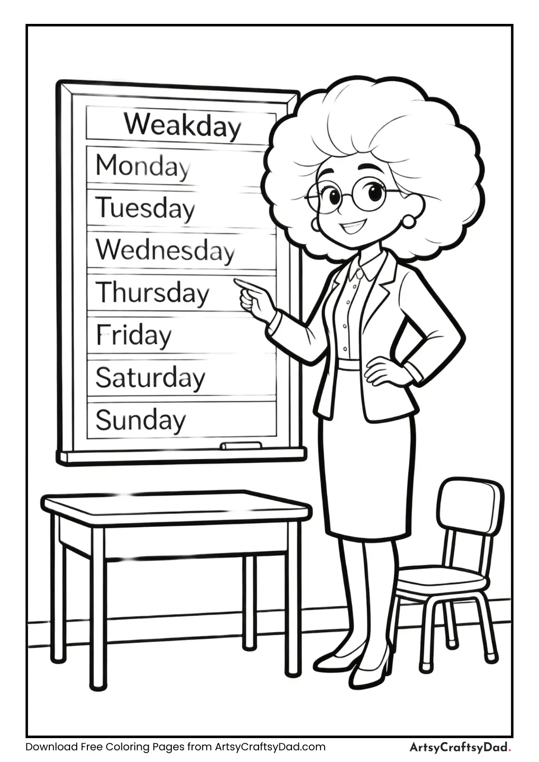 Teacher teaching days of the week coloring page