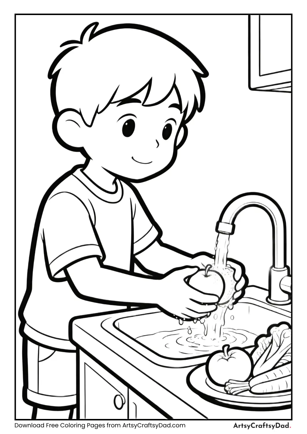 Child washing fruits hygiene coloring page