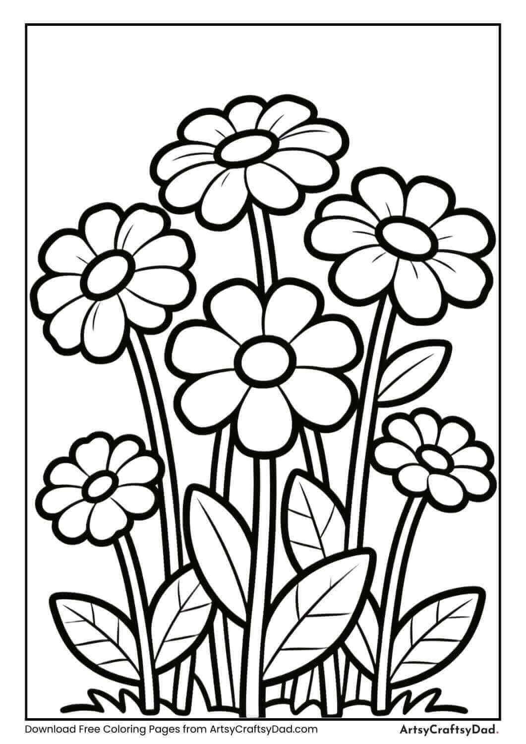 Simple wildflowers garden black and white coloring page