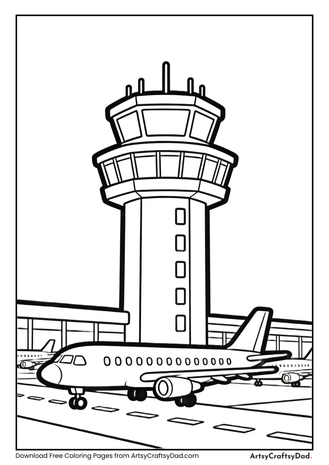 Airport control tower with runway coloring page