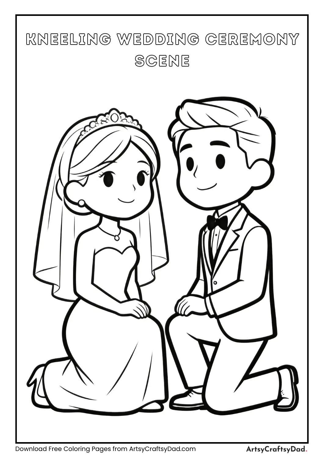 Bride and groom kneeling during wedding ceremony coloring page