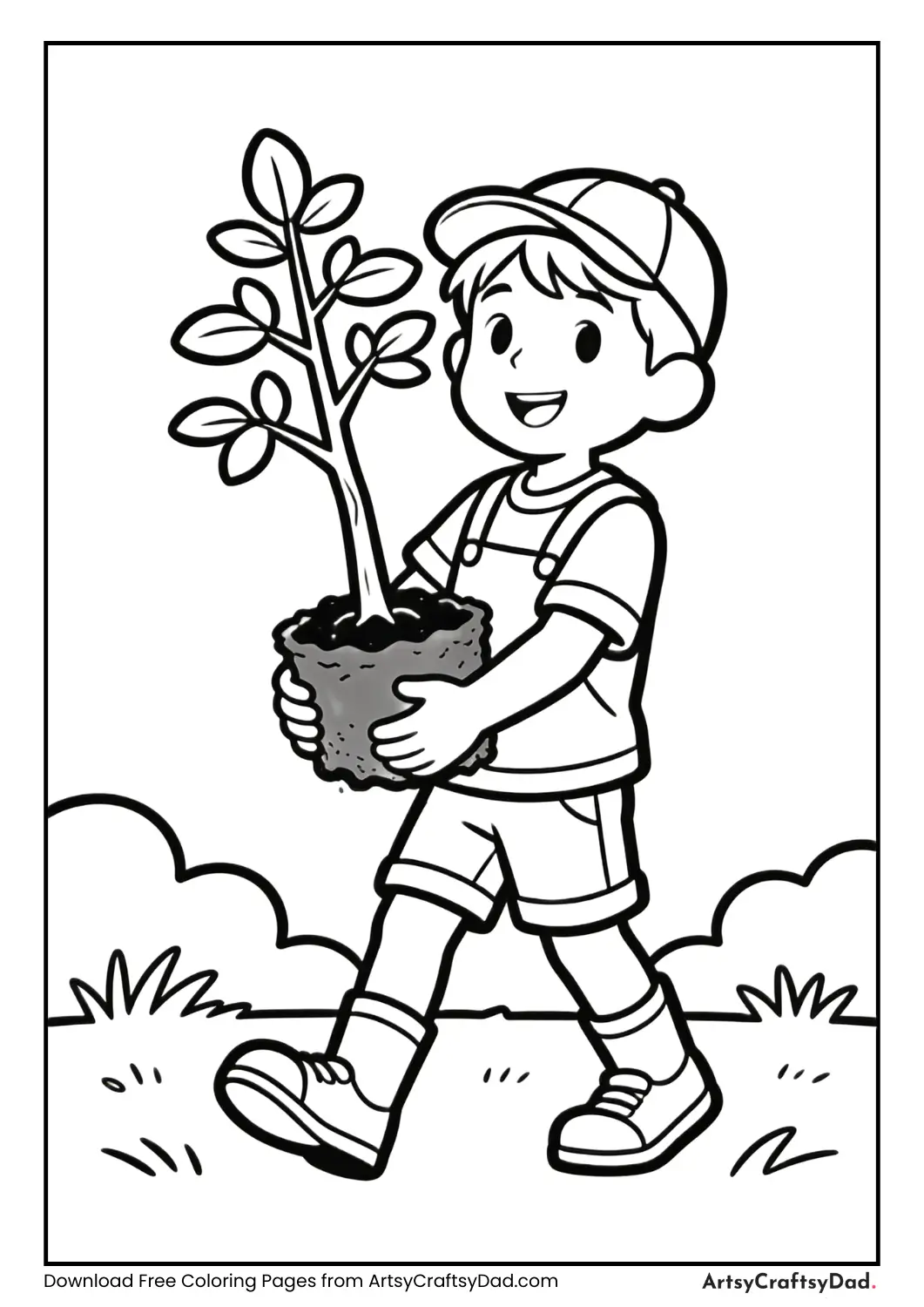 Child carrying a small tree to plant in a park