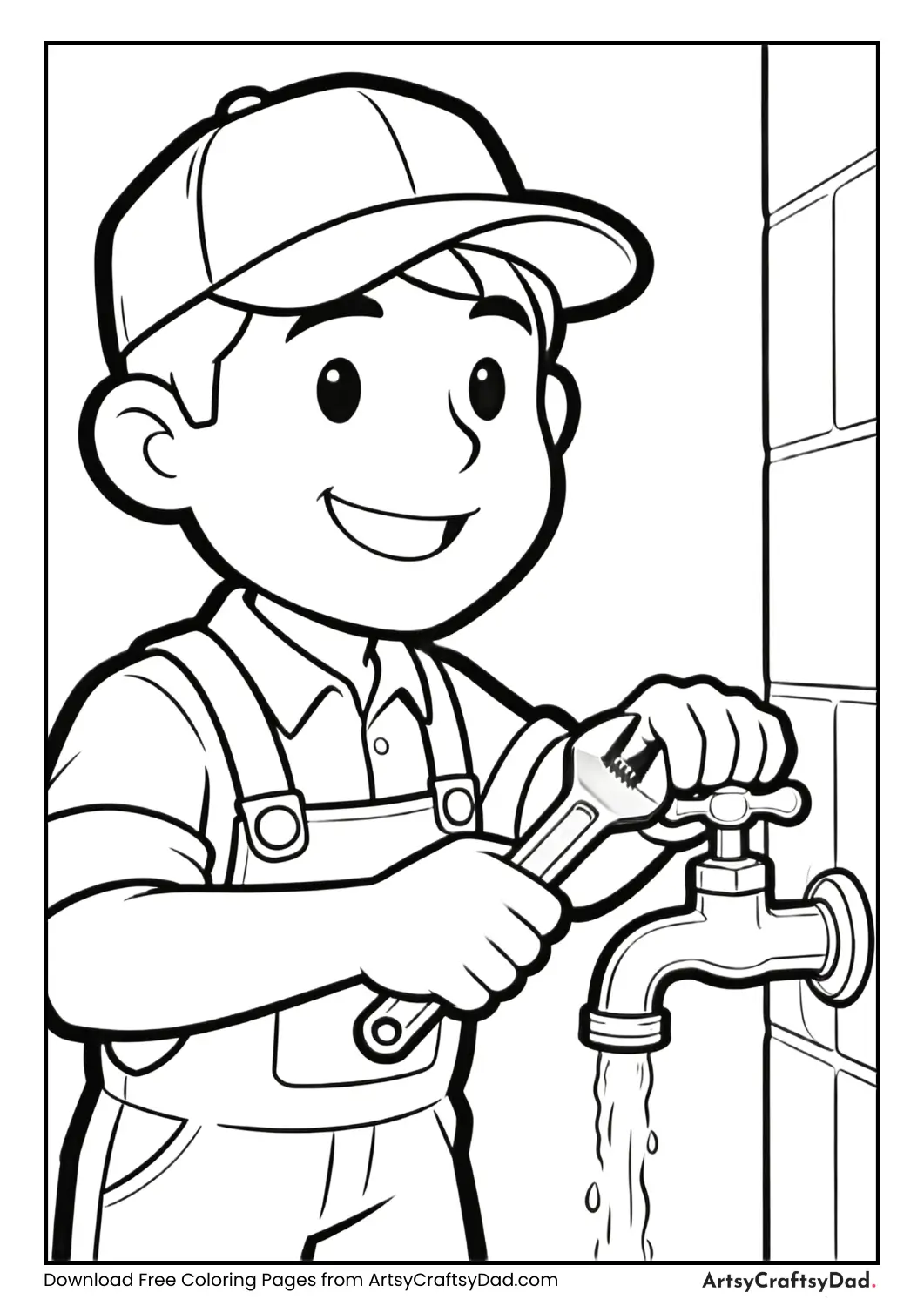 Plumber community helper black and white coloring page for kids