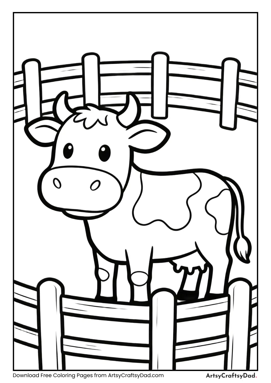 Cow inside fence black and white coloring page