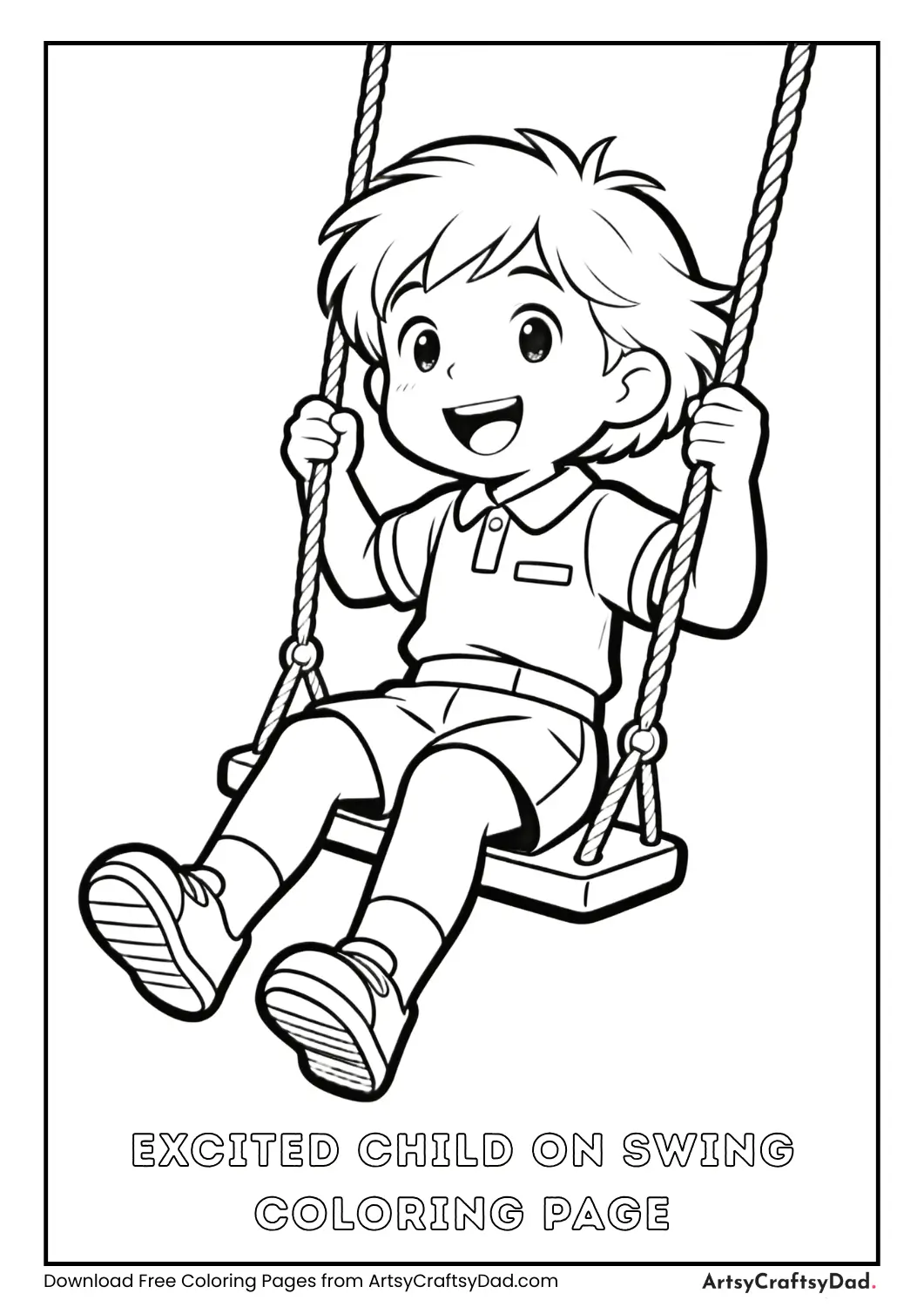 Excited child playing on swing coloring page