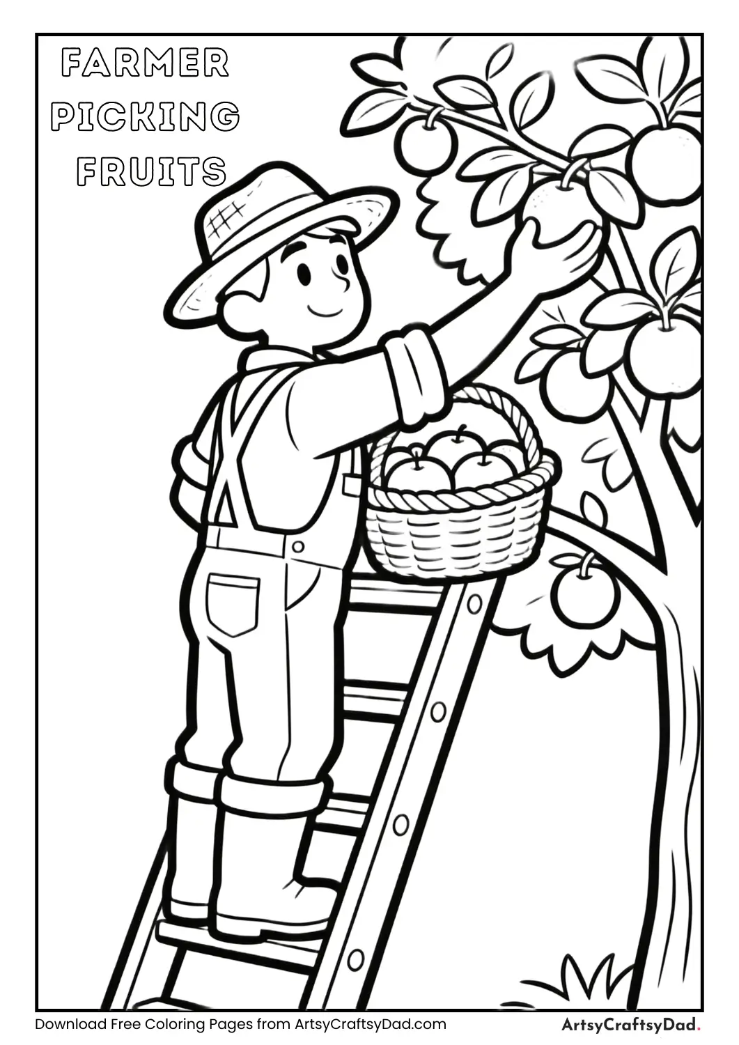 Farmer picking fruits from tree coloring page