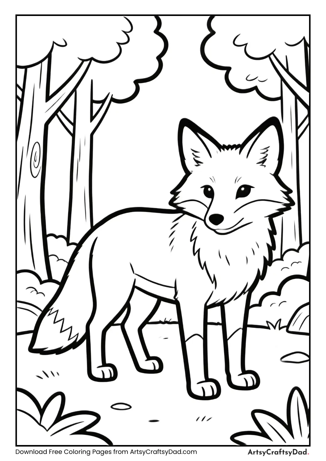 Fox in forest black and white coloring page