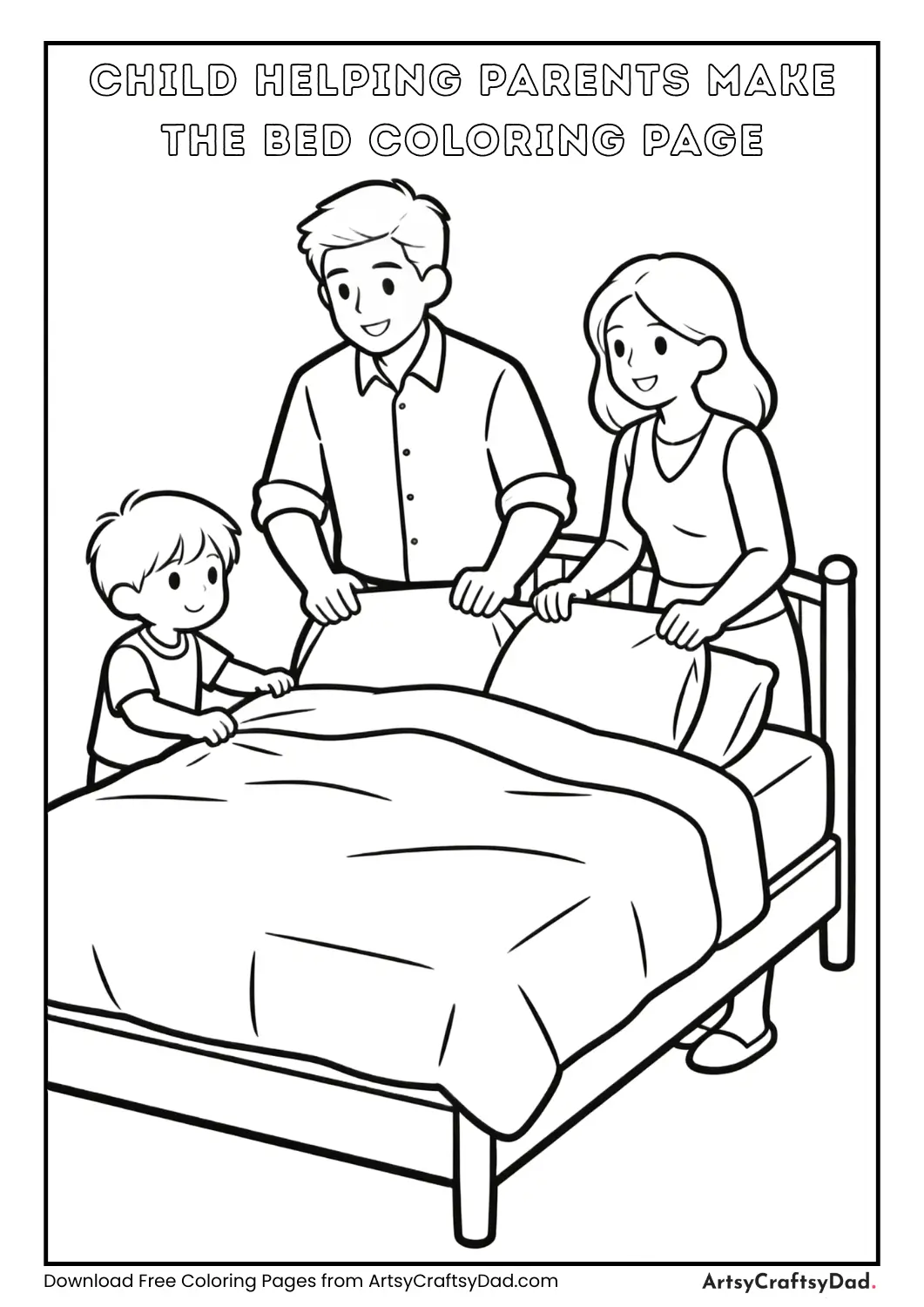 Child helping parents make the bed coloring page