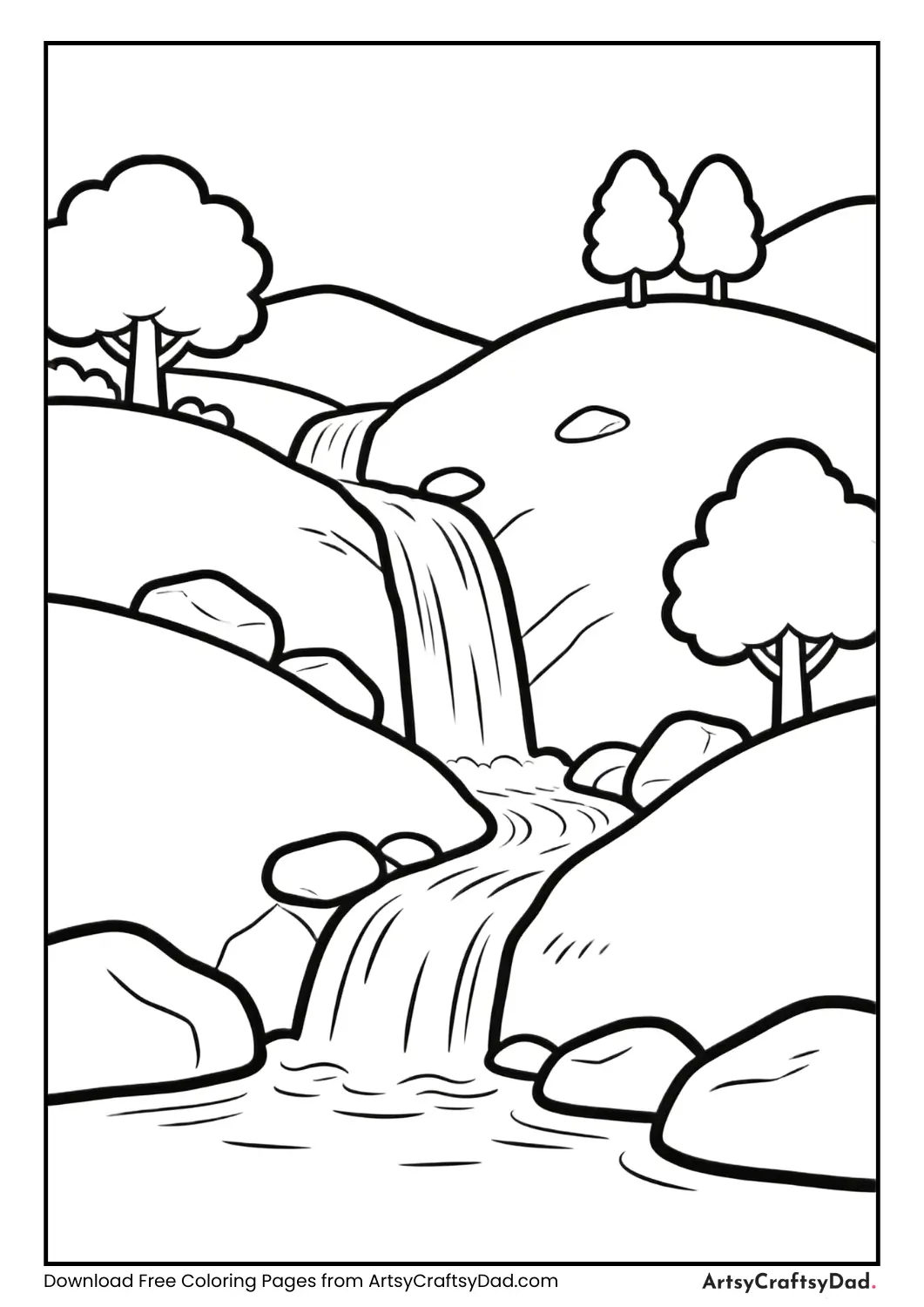 Coloring page of a waterfall flowing through hills with rocks and trees.