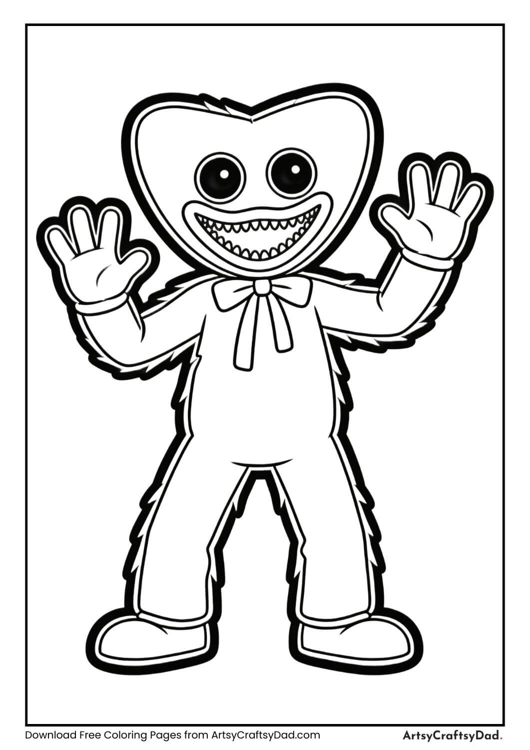 Huggy Wuggy waving both hands black and white coloring page