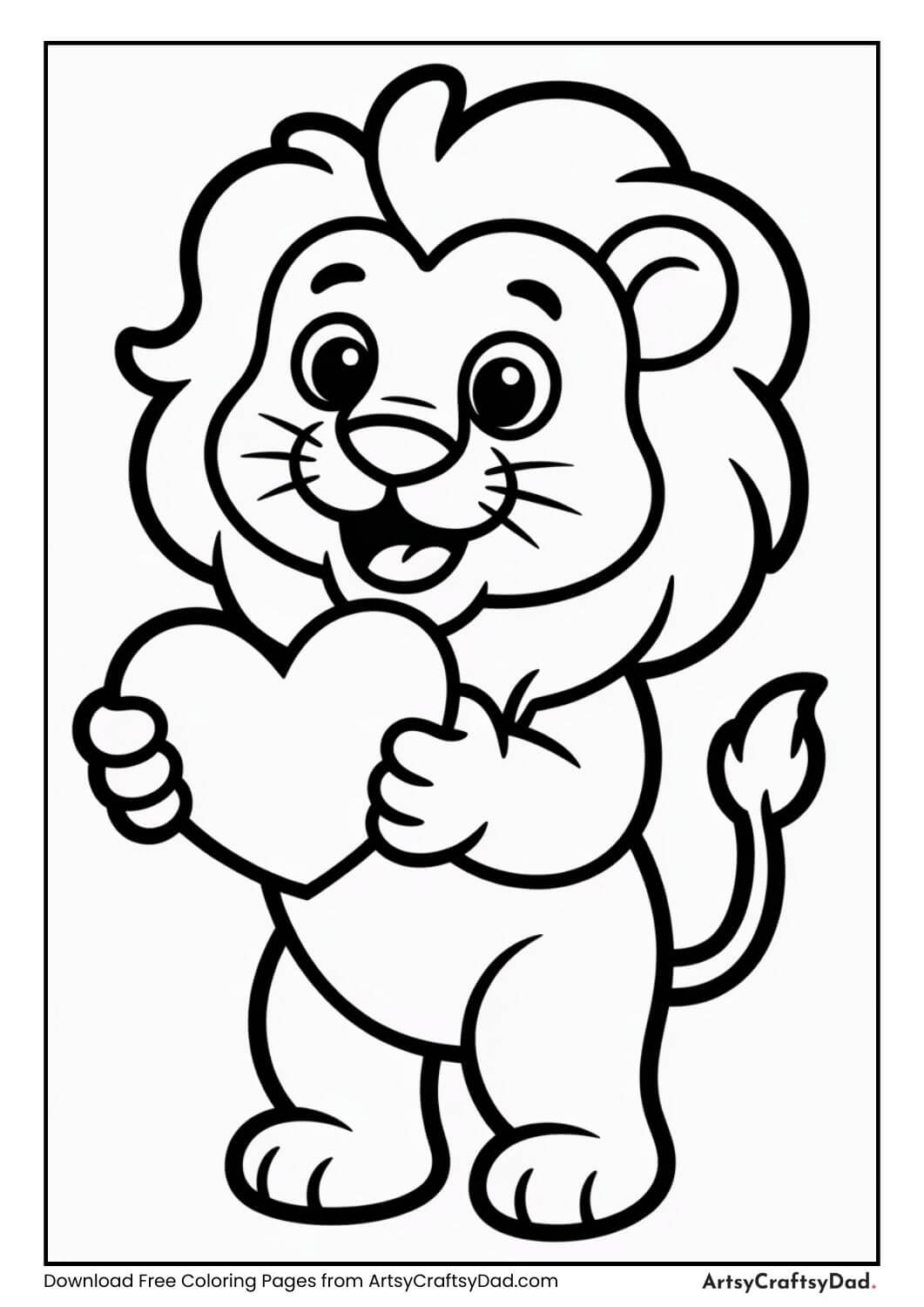 Happy lion holding heart coloring page