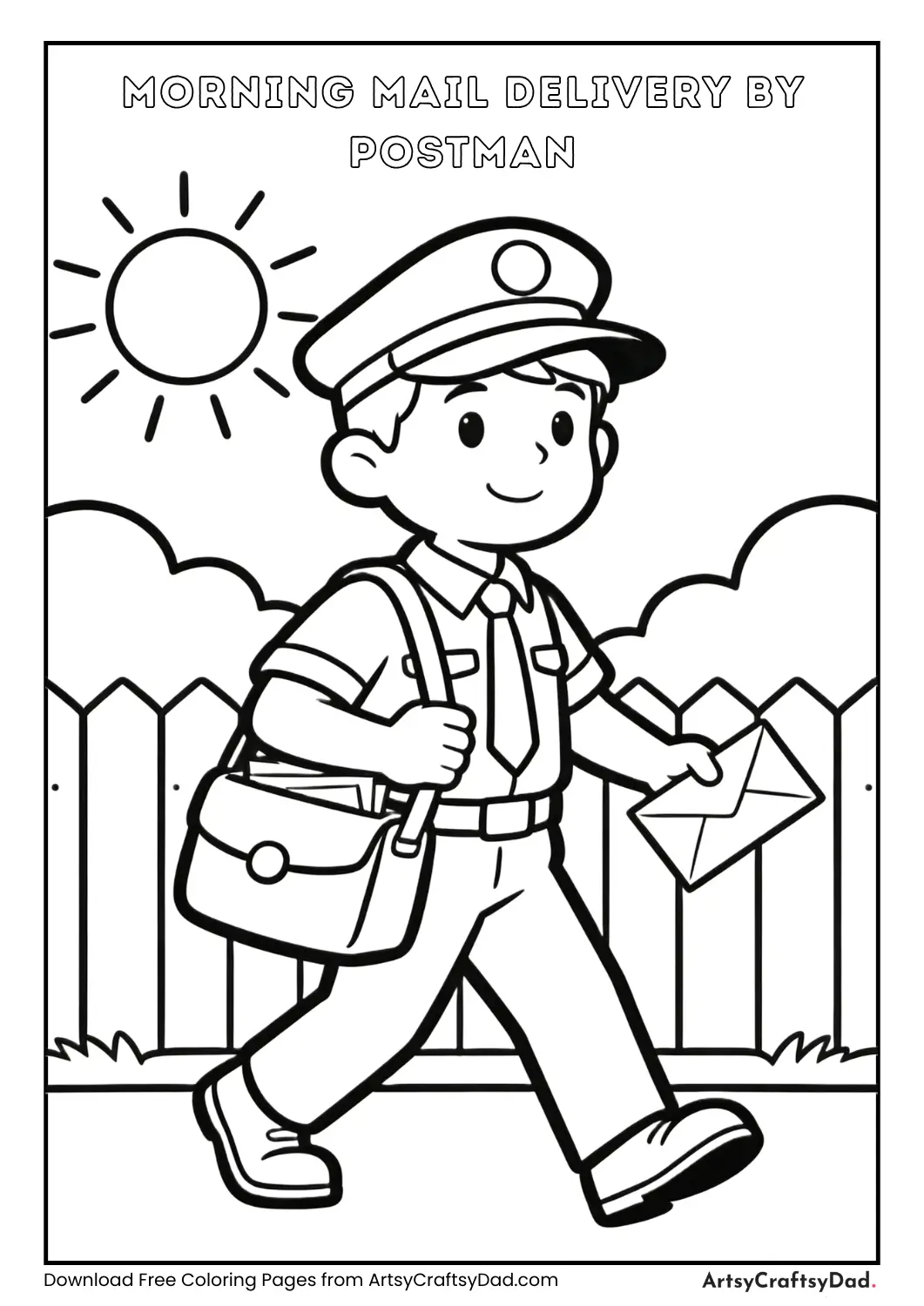 Postman delivering mail in the morning coloring page