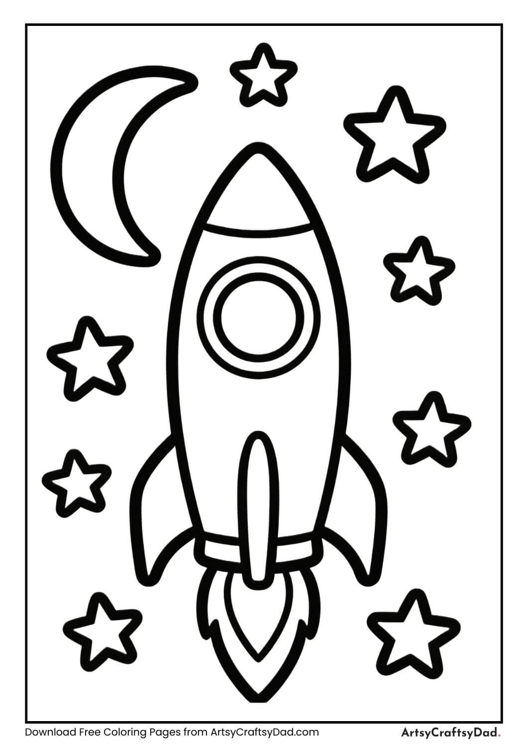 Space rocket with stars and moon coloring page