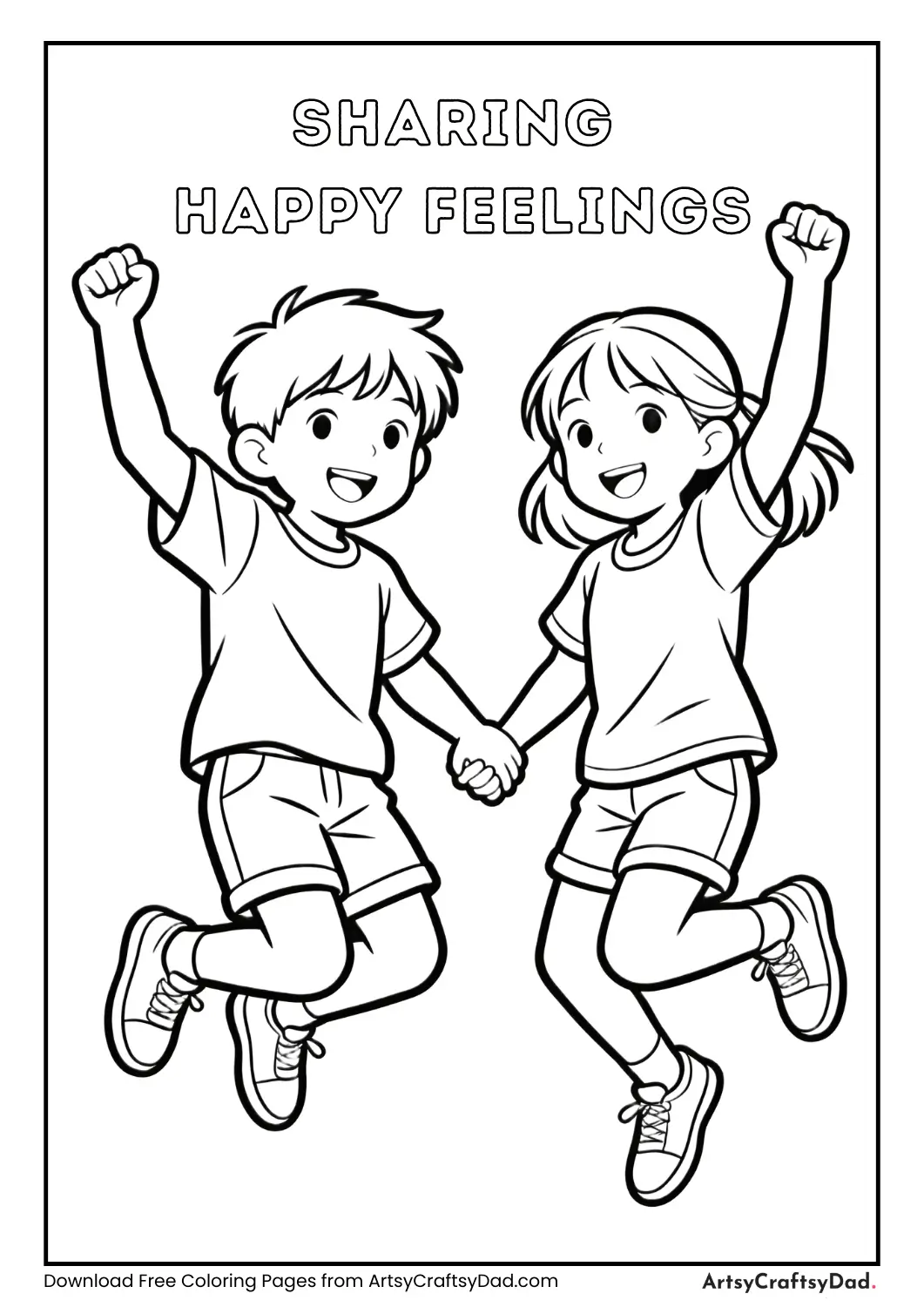 Children jumping happily coloring page