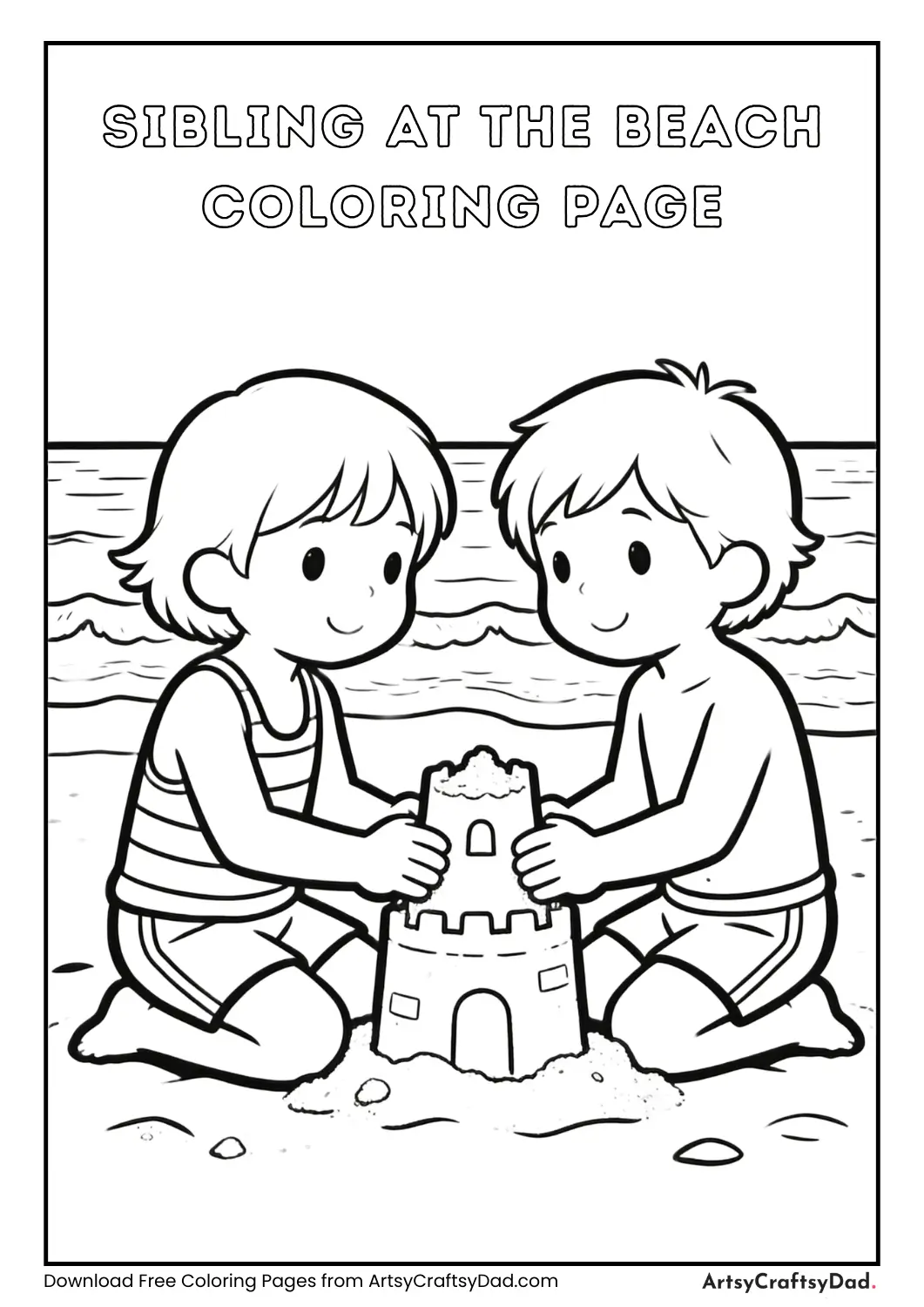 Siblings building a sandcastle coloring page