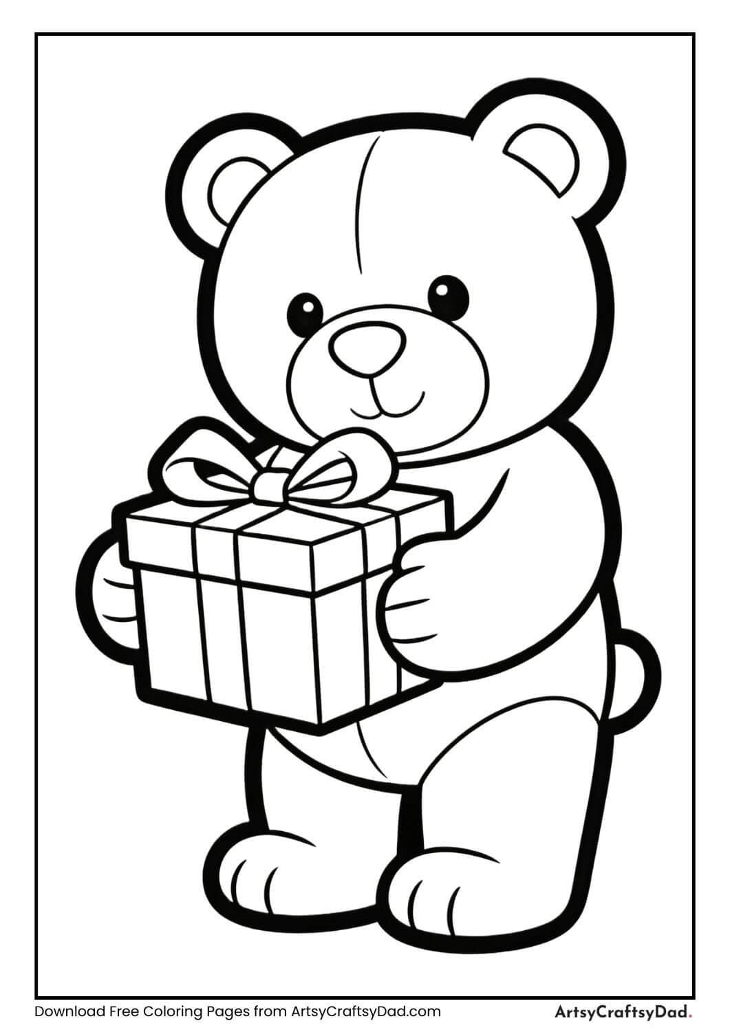 Teddy bear holding gift box coloring page