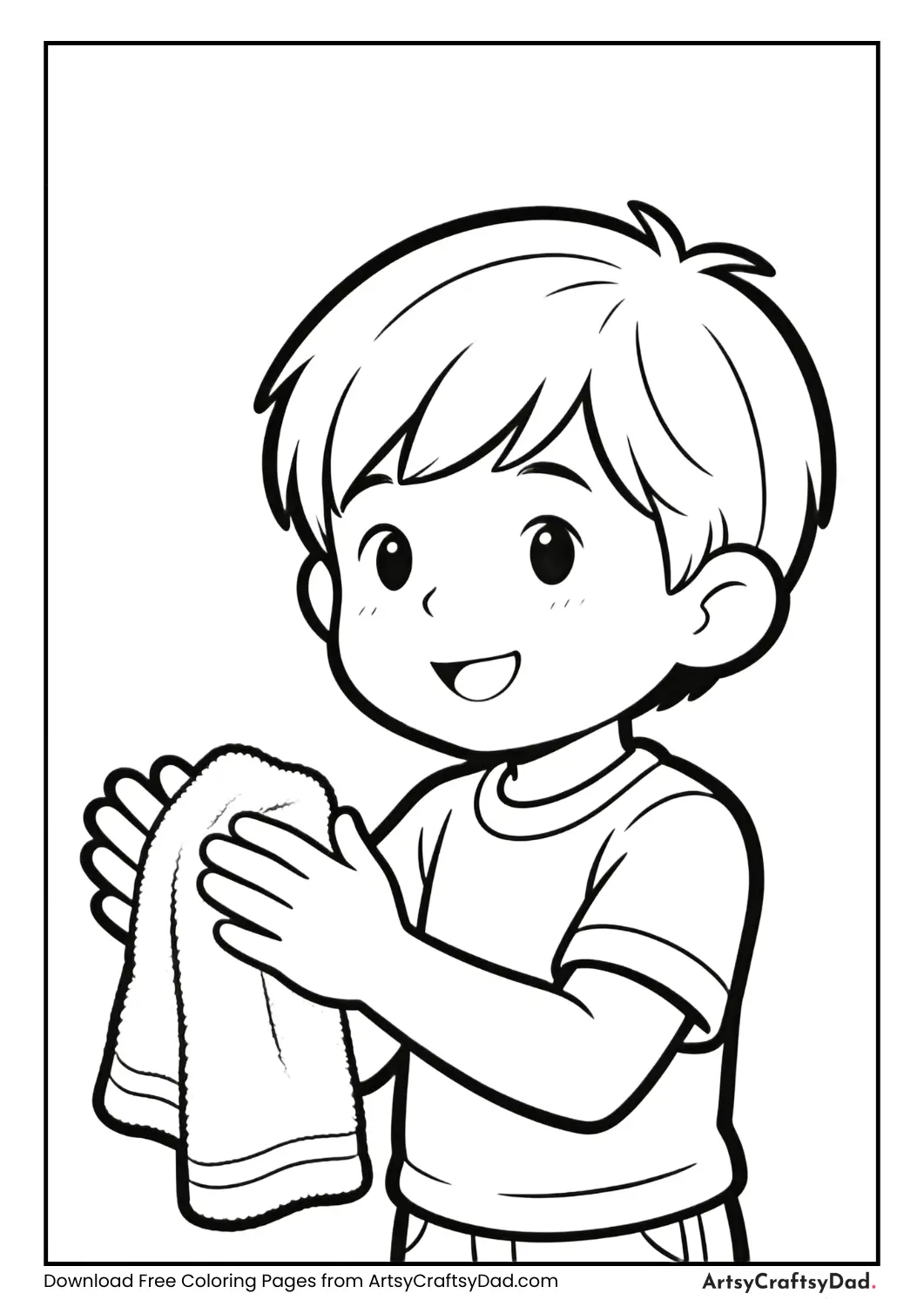 Child drying hands with a towel.