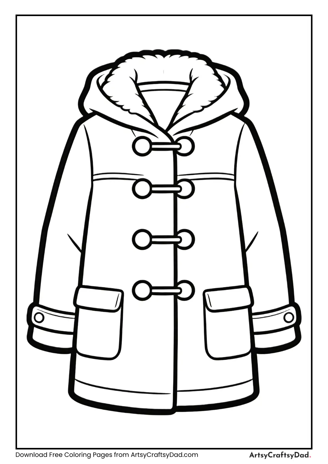 Black and white winter coat outline for coloring