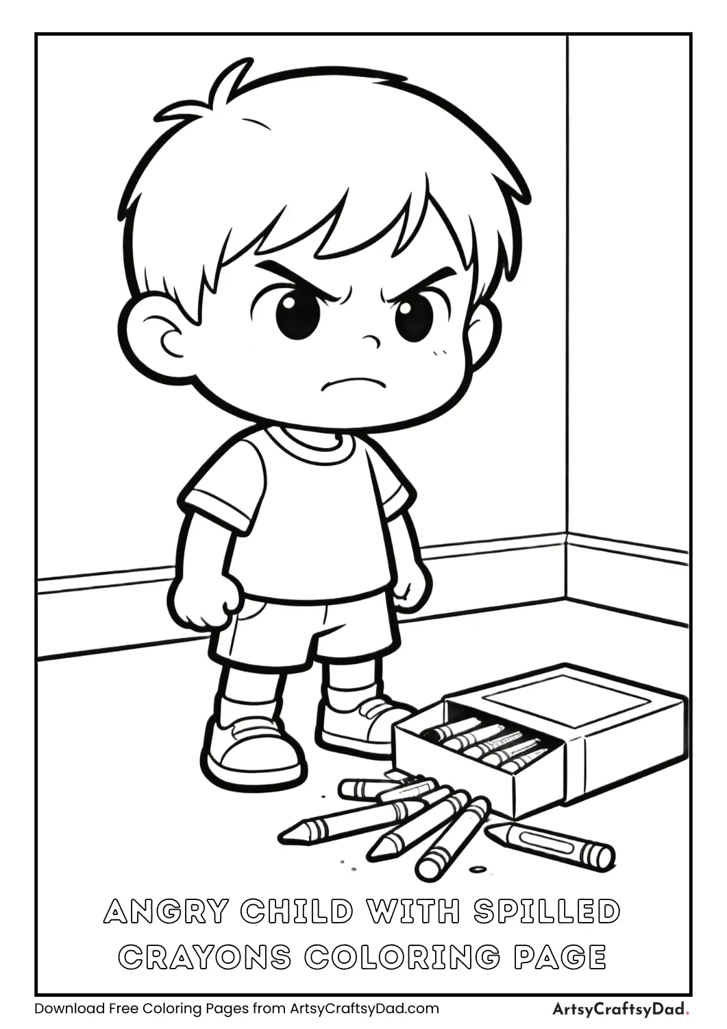 Black and white coloring page of an angry child and spilled crayons