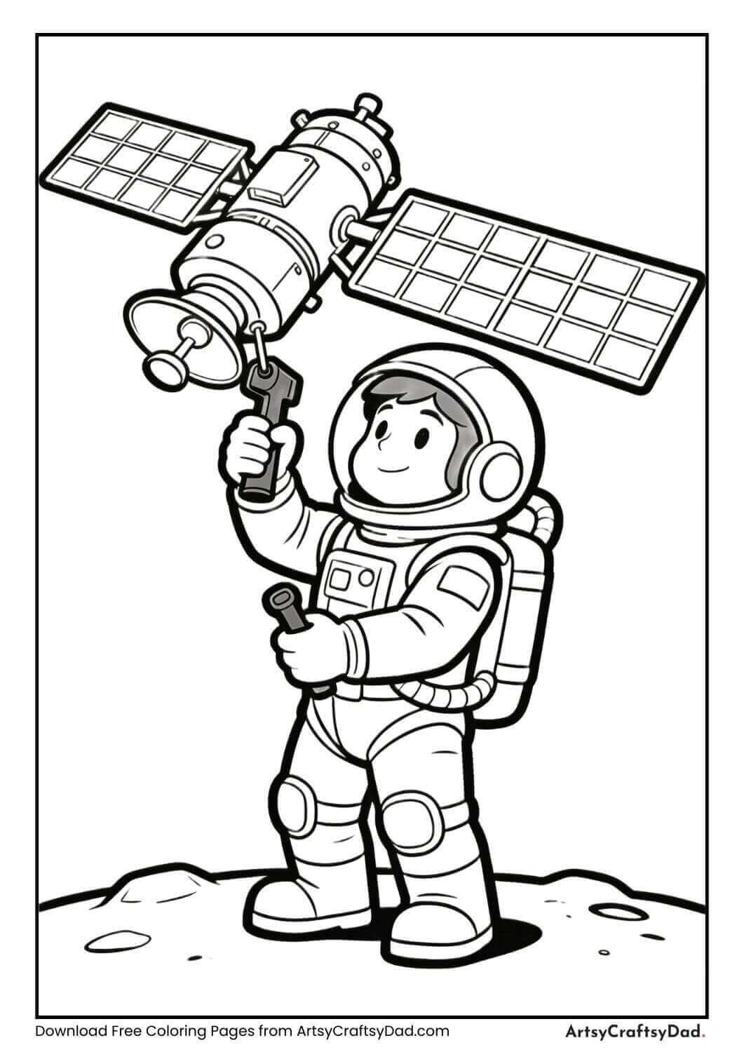 Astronaut holding a space tool fixing satellite
