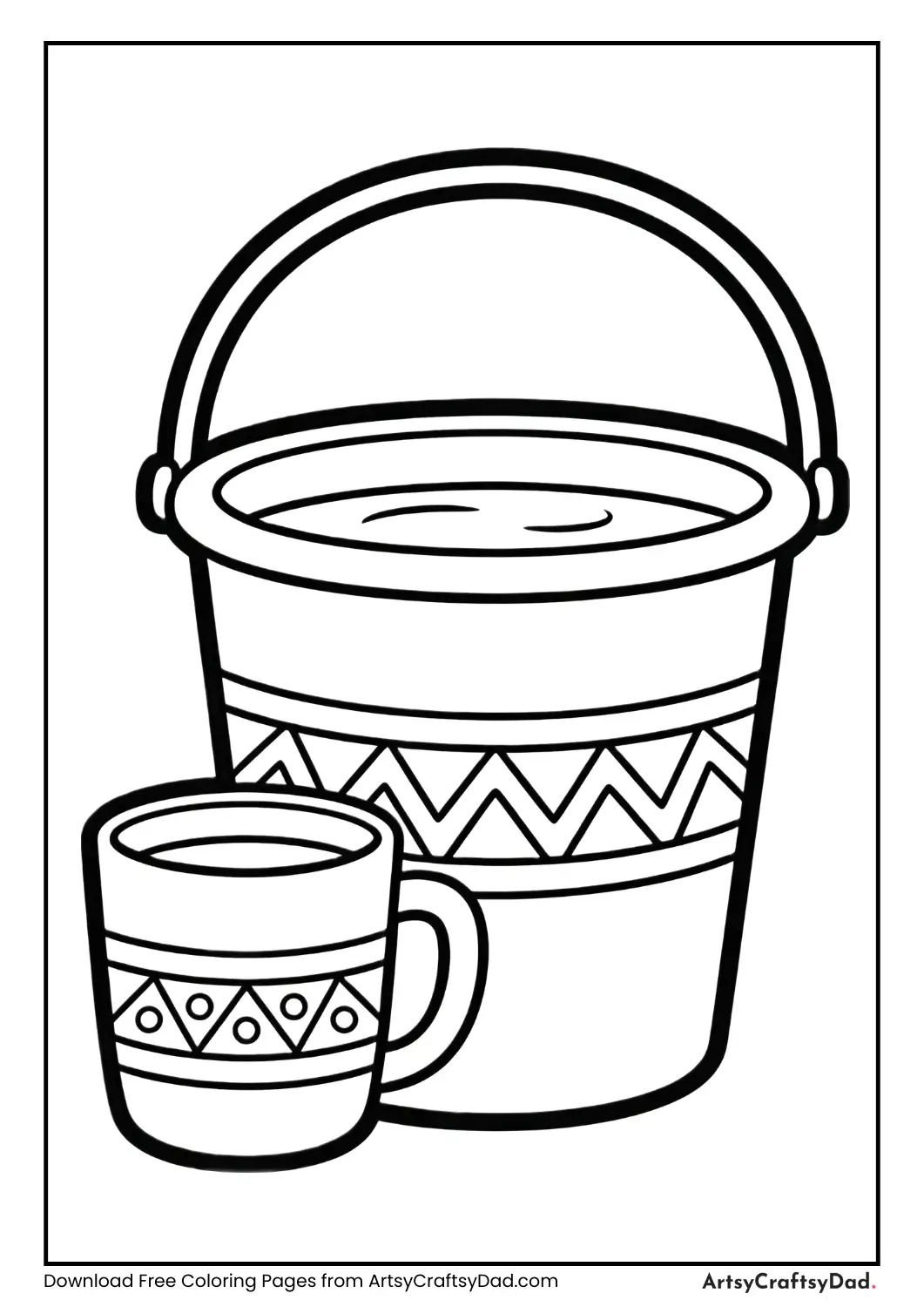 Black and white bathroom bucket and mug coloring page