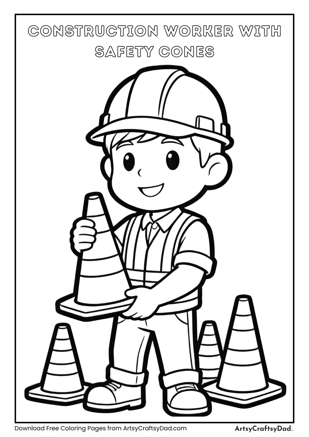 Construction worker standing near safety cones coloring page