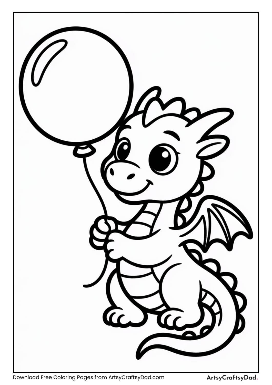 Cute dragon holding balloon black and white coloring page