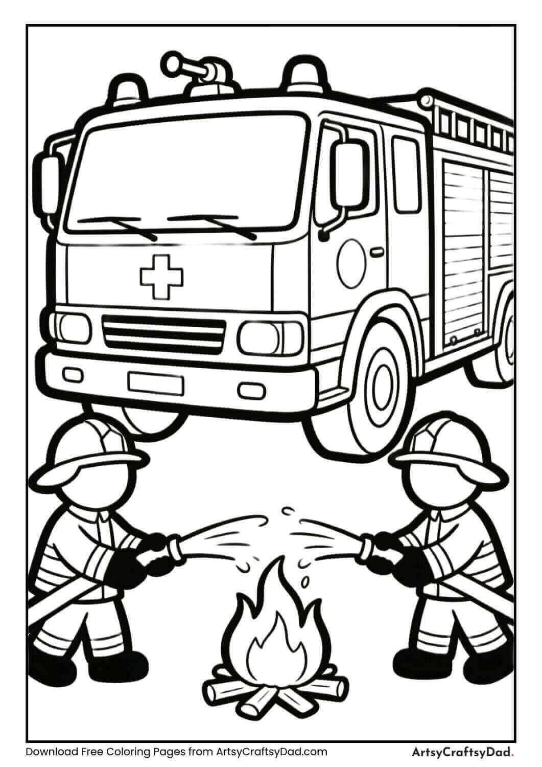Fire truck with firefighters coloring page