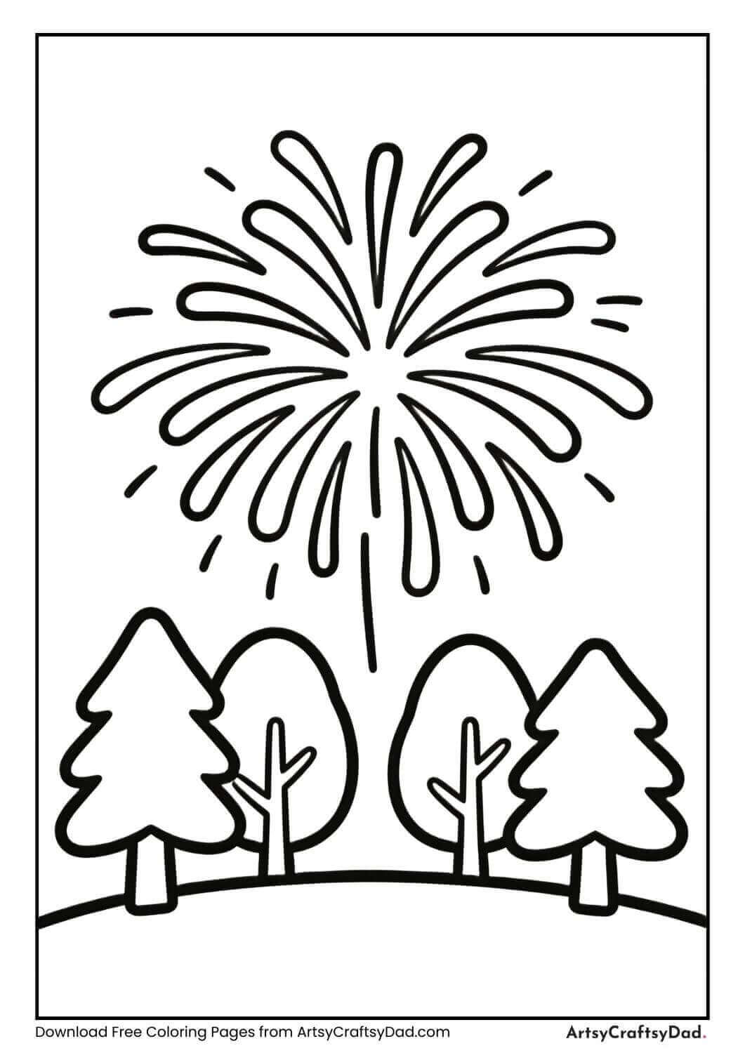 Fireworks above trees black and white coloring page