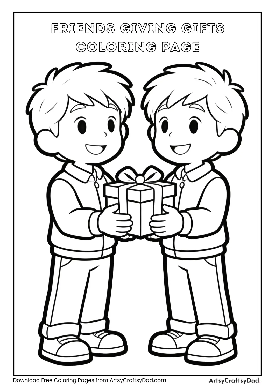 Black and white coloring page of a friend giving a gift