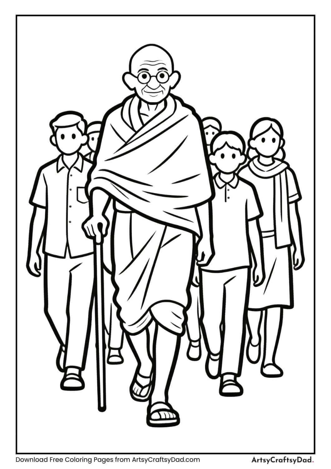 Gandhi leading people peacefully coloring page
