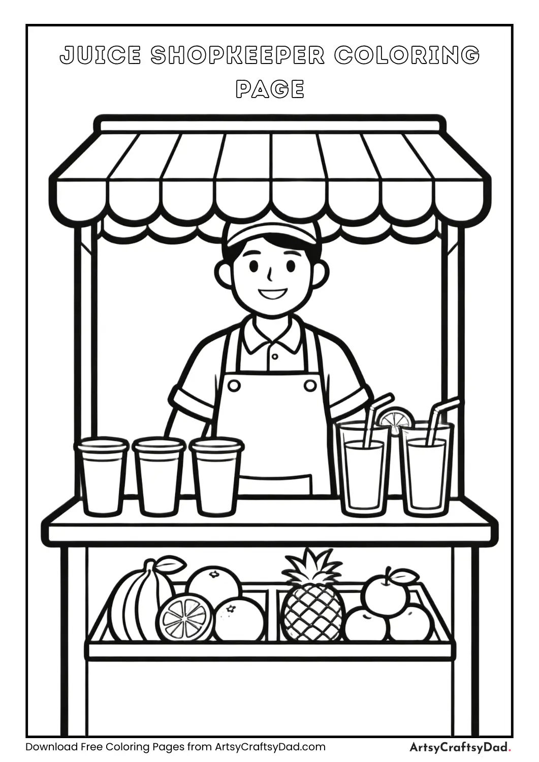 Juice shopkeeper black and white coloring page