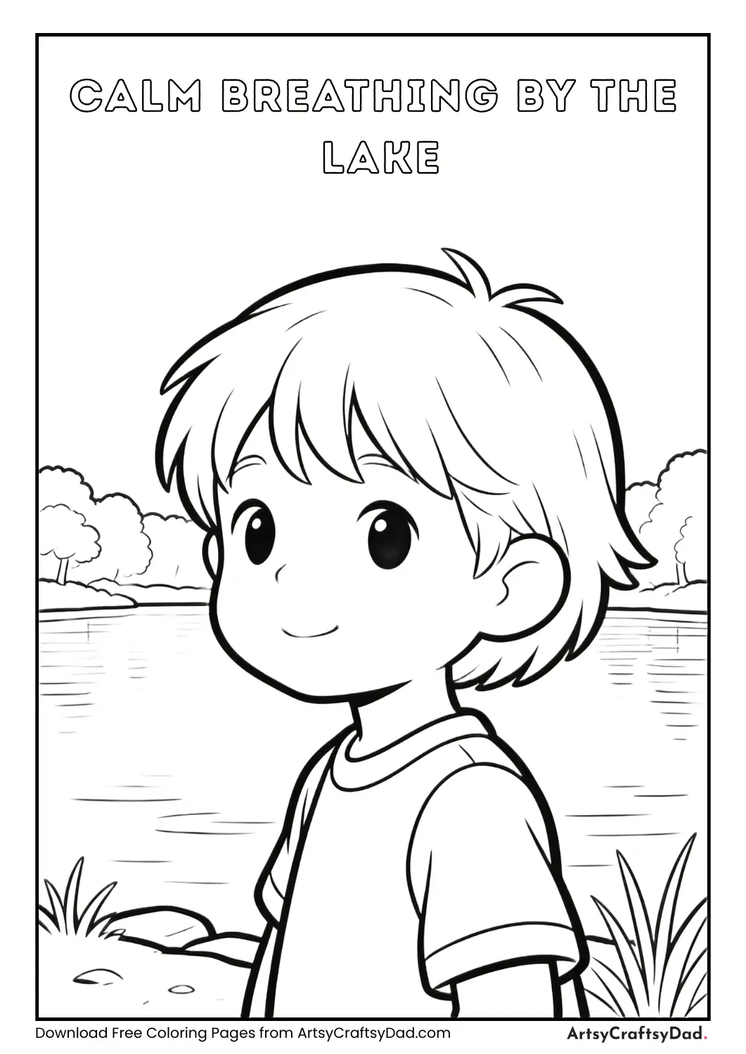 Child sitting near lake calm breathing coloring page