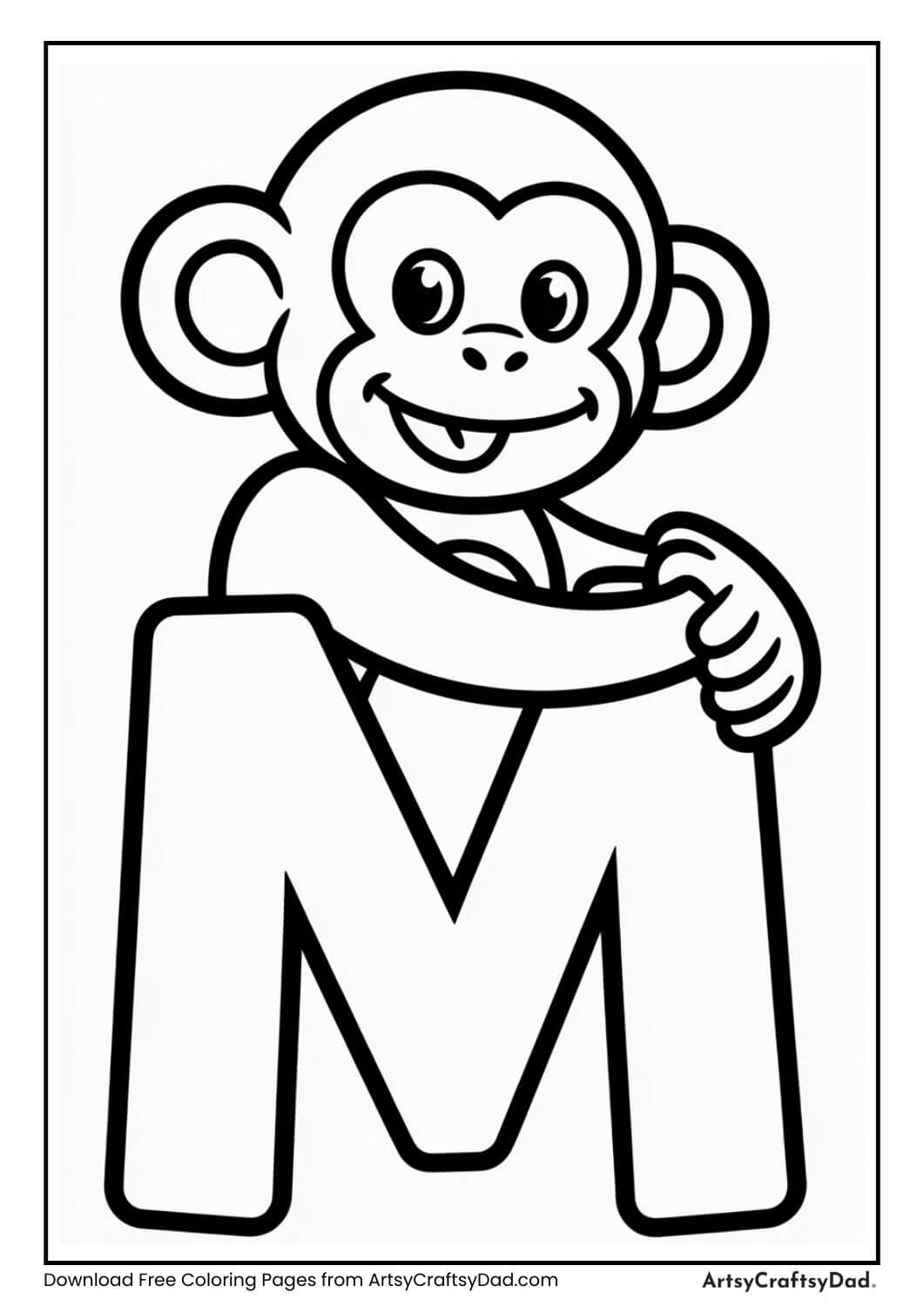 Letter M monkey coloring page for kids