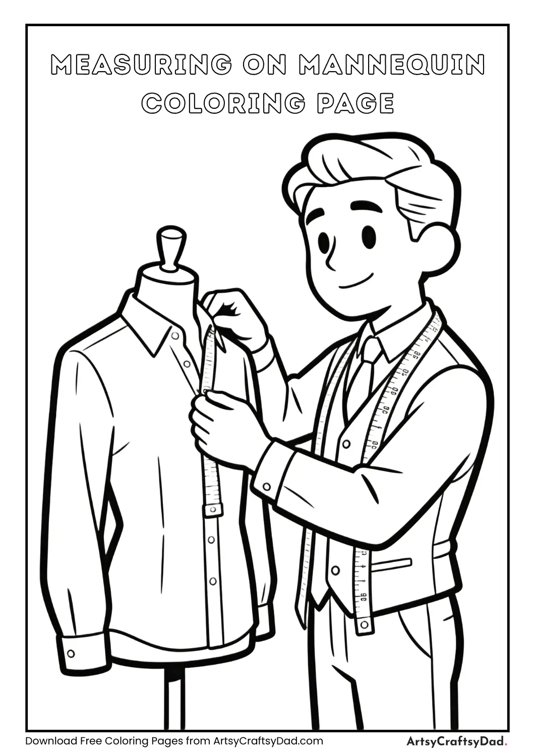 Tailor measuring shirt on mannequin coloring page