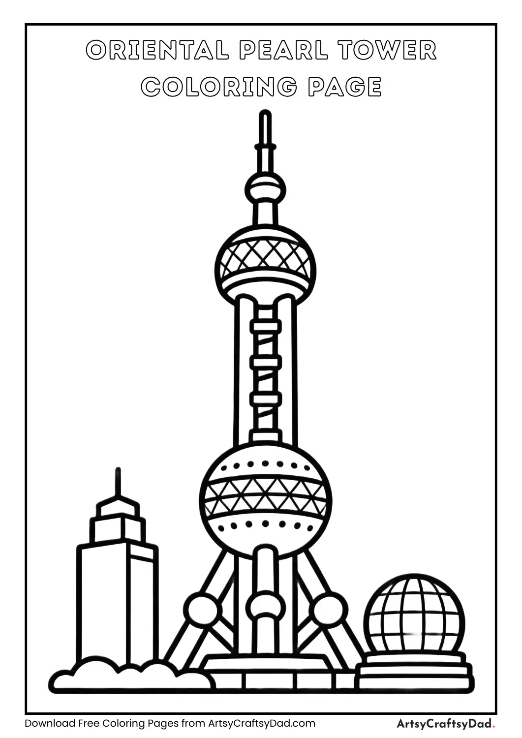 Oriental Pearl Tower black and white coloring page for kids