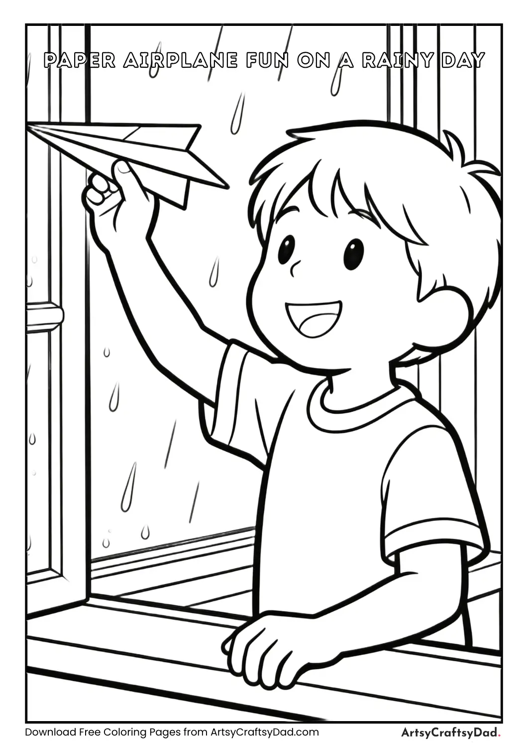 Child flying paper airplane indoors coloring page