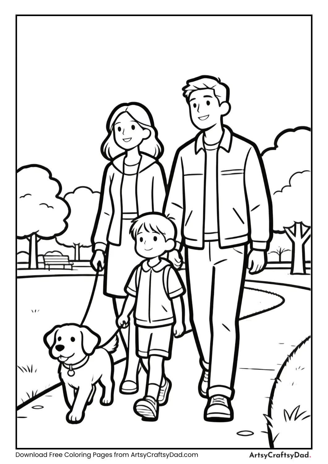 Family walking a dog along a park path.
