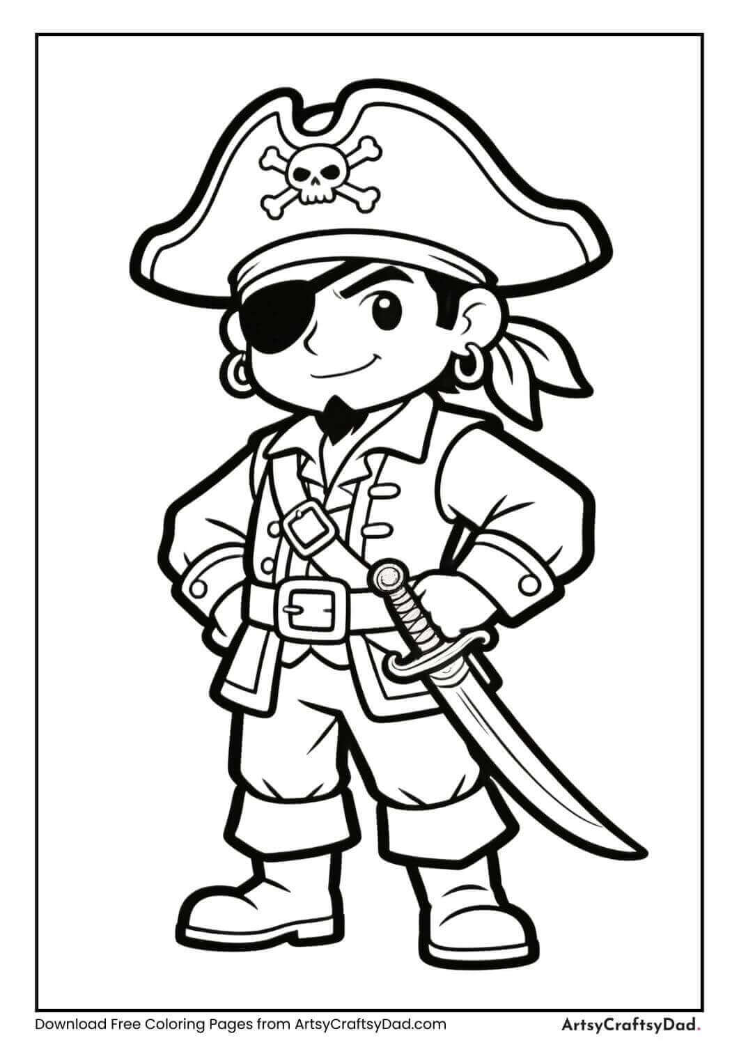Pirate standing confidently with a sword coloring page