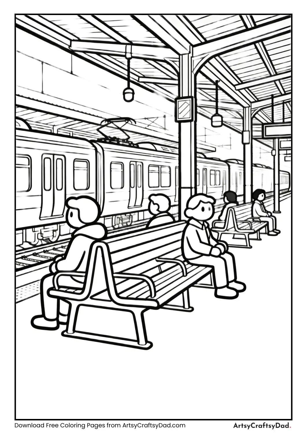 Railway station waiting area coloring page