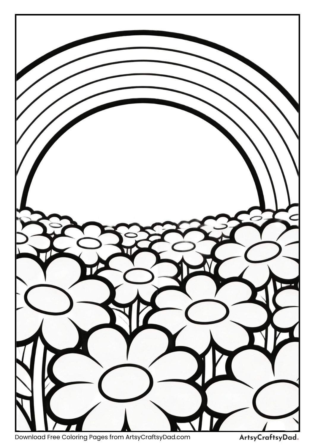 Rainbow over flower field black and white coloring page